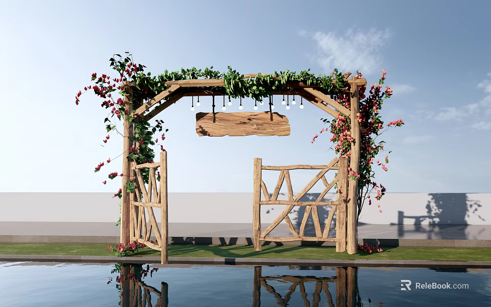 Wooden Archway with Vines Red Flowers Wooden Gates Hanging Sign and Pool Reflection 3d model 