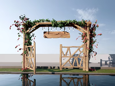 Wooden Archway with Vines Red Flowers Wooden Gates Hanging Sign and Pool Reflection 3d model