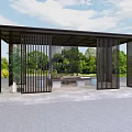 Modern Outdoor Pavilion With Metal Frame Stone Floor Surrounding Greenery And Blue Sky
