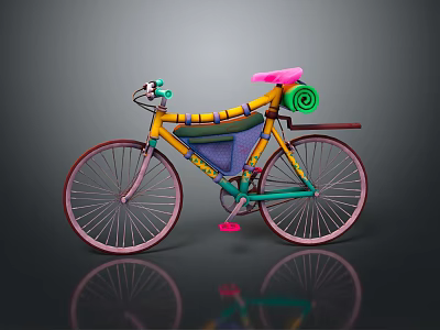 Colorful Bicycle With Yellow Frame Pink Seat Green Handlebar And Rolled Mat 3d model