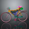 Colorful Bicycle With Yellow Frame Pink Seat Green Handlebar And Rolled Mat