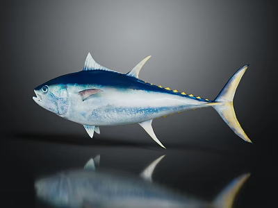 Blue and White Tuna Fish with Yellow Spots on Shiny Reflective Surface 3d model
