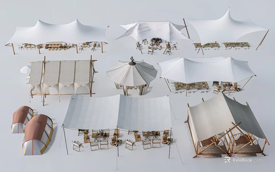 Outdoor Camping Tents with Various Canopy Designs and Wooden Furniture Setup 3d model 