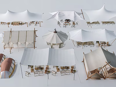 Outdoor Camping Tents with Various Canopy Designs and Wooden Furniture Setup 3d model
