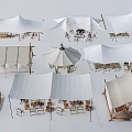 Outdoor Camping Tents with Various Canopy Designs and Wooden Furniture Setup