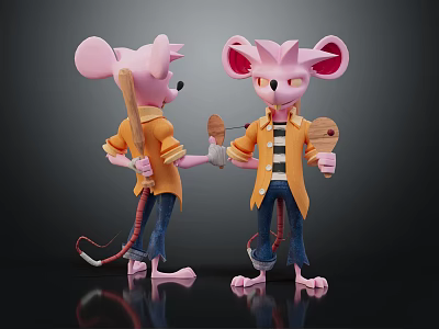 Anthropomorphic Pink Mice Characters Wearing Orange Jackets Blue Jeans Holding Stick And Wooden Board 3d model