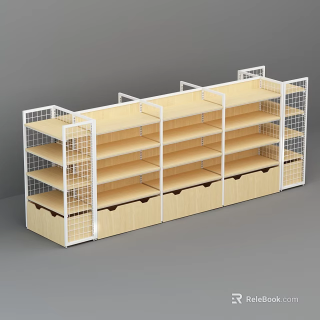 Wooden Retail Display Shelves With Multiple Layers White Grid Frame And Bottom Drawers 3d model 