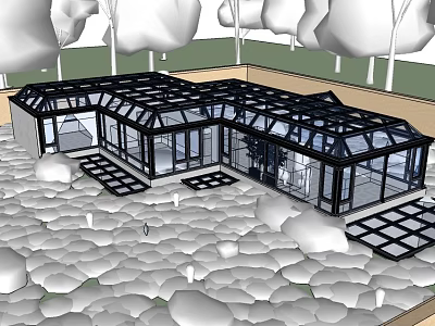 Garden Glass Structure with Pebble Ground and Surrounding Trees Design 3d model