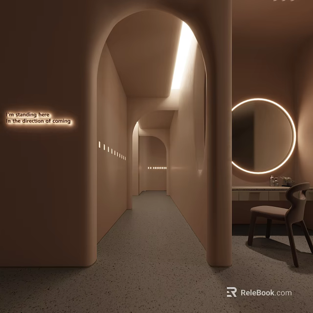 Modern Elevator Corridor Interior Design With Arched Walls Soft Lighting Round Mirror And Chair 3d model 