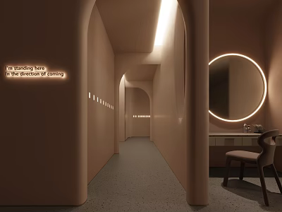 Modern Elevator Corridor Interior Design With Arched Walls Soft Lighting Round Mirror And Chair 3d model