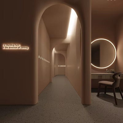 Modern Elevator Corridor Interior Design With Arched Walls Soft Lighting Round Mirror And Chair 3d model
