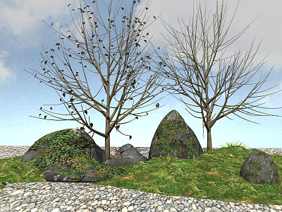 Bare Trees With Vines Covered Rocks On Green Grassland Under Sky 3d model