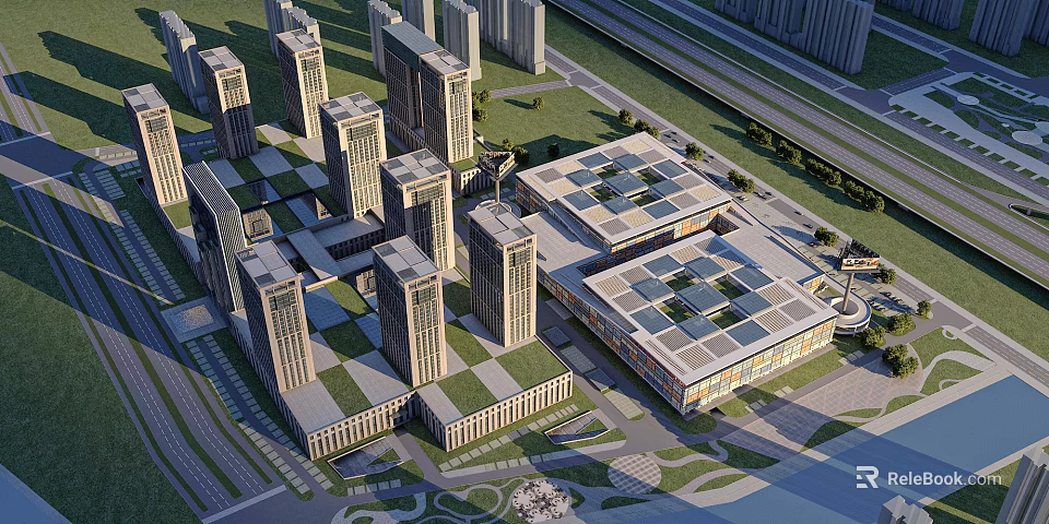 Aerial Urban Planning With High Rise Buildings Green Spaces And Road Networks 3d model 
