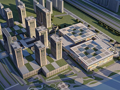 Aerial Urban Planning With High Rise Buildings Green Spaces And Road Networks 3d model