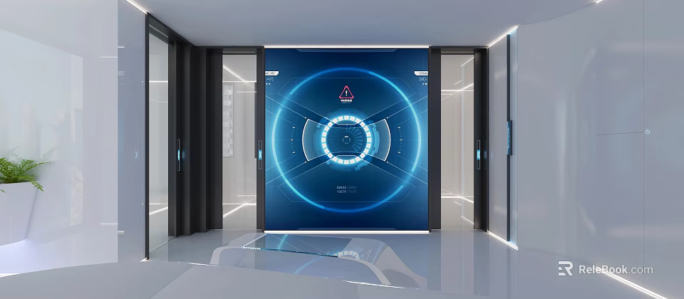 Modern Futuristic Blue Background Wall With Digital Interface In Sleek Interior 3d model 