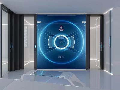 Modern Futuristic Blue Background Wall With Digital Interface In Sleek Interior 3d model