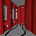 Modern Red Public Restroom With Curved Walls Sinks Mirrors And Black White Wavy Floor