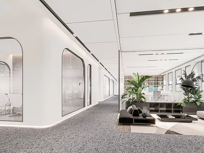 Modern Office Corridor With White Walls Glass Doors Gray Carpet Lounge Area And Green Plants 3d model