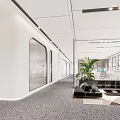 Modern Office Corridor With White Walls Glass Doors Gray Carpet Lounge Area And Green Plants