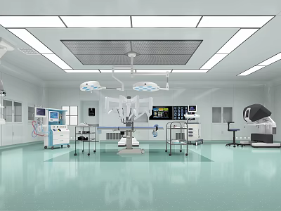 Modern Operating Room With Surgical Lights Operating Table Green Floor And Medical Equipment 3d model