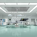 Modern Operating Room With Surgical Lights Operating Table Green Floor And Medical Equipment