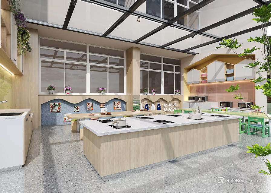 Kindergarten Bright Open Space With Large Windows Children's Activity Tables Green Plants And Decorative Paintings 3d model 