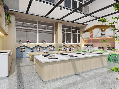 Kindergarten Bright Open Space With Large Windows Children's Activity Tables Green Plants And Decorative Paintings 3d model