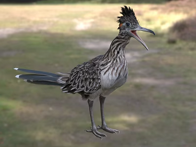 Crested Roadrunner Bird With Striped Feathers Long Tail Open Beak Standing On Grassland 3d model