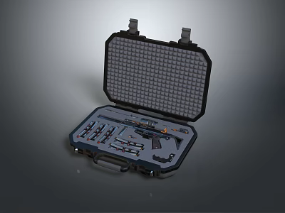 Open Tactical Weapon Case With Various Gun Components Tools And Accessories 3d model