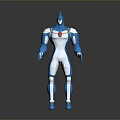 Sleek Blue And Silver Game Movie Character With Metallic Armor And Red Chest Emblem