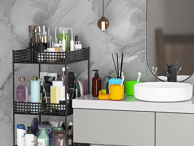 Bathroom Cabinet Rack With Multi Tier Design Organized Toiletries White Basin Gray Cabinet Marble Wall 3d model
