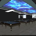 Spacious Billiard Room with Multiple Pool Tables and Starry Sky Ceiling Lighting Design 3d model