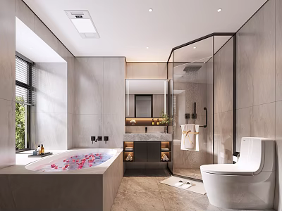 Modern Bathroom Interior Design With Bathtub Shower Enclosure Vanity Mirror And Toilet Window 3d model