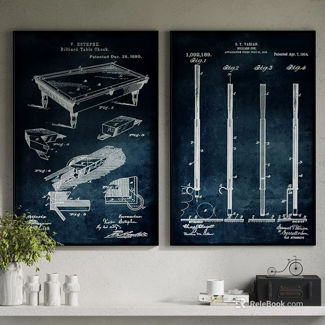 Vintage Pool Table And Billiard Cues Patent Blueprint Wall Art Design 3d model 