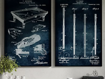 Vintage Pool Table And Billiard Cues Patent Blueprint Wall Art Design 3d model