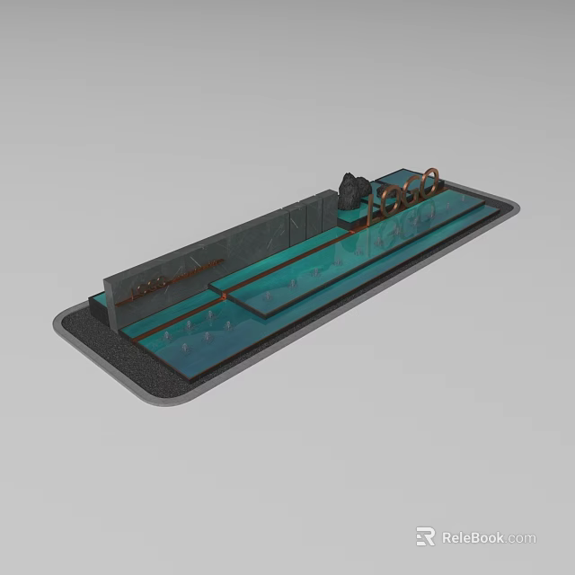 Modern Water Fountain With Rectangular Pool Stone Base And Metal Decorative Elements 3d model 