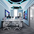 Modern Office Interior With Desks Chairs Computers Wall Screens And Geometric Ceiling Design