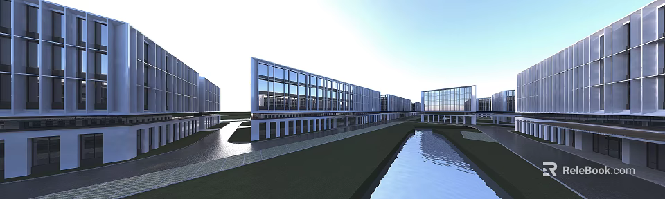 Modern Office Building Exterior with Glass Curtain Wall and Water Feature Landscaping 3d model 