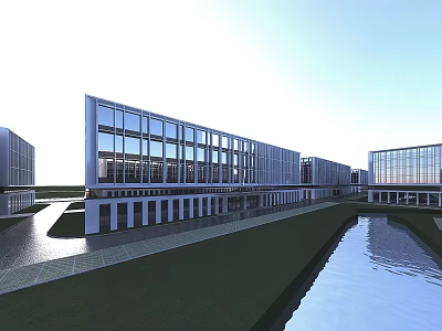 Modern Office Building Exterior with Glass Curtain Wall and Water Feature Landscaping 3d model