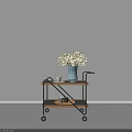 Rolling Storage Cart with Black Metal Frame Wooden Shelves Two Tier Blue Vase and Wheels