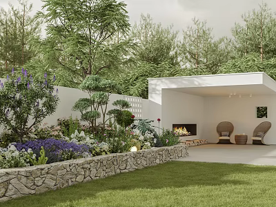 Serene Garden Space With Stone Wall Flower Bed Green Plants Seating Area Fireplace And Lush Lawn 3d model