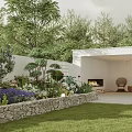 Serene Garden Space With Stone Wall Flower Bed Green Plants Seating Area Fireplace And Lush Lawn