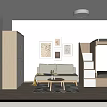 Modern Apartment Interior Design With Beige Sofa Wooden Cabinet Decorative Paintings And Cozy Bunk Bed