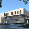 Modern Office Building With Stone Facade Large Windows Front Water Feature And Sculpture 3d model