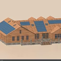 Wooden Detached House with Solar Panels Multiple Gables Porch and Stone Base