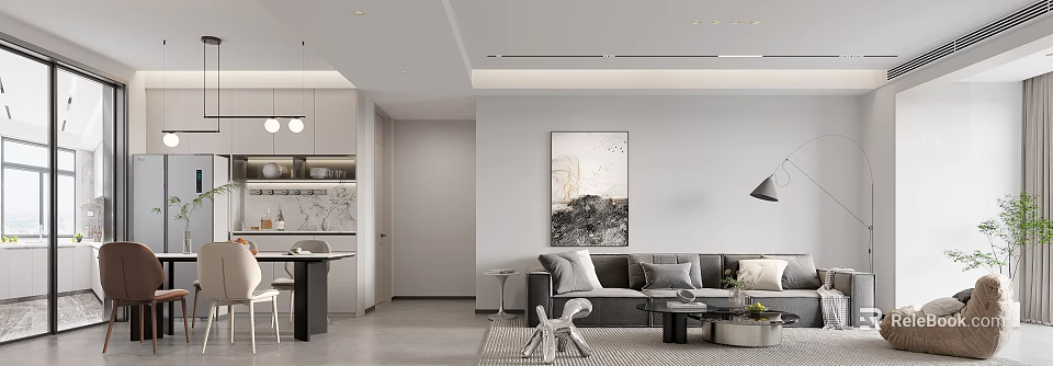 Modern Living Dining Room Interior With Sofa Dining Table Coffee Table and Artwork 3d model