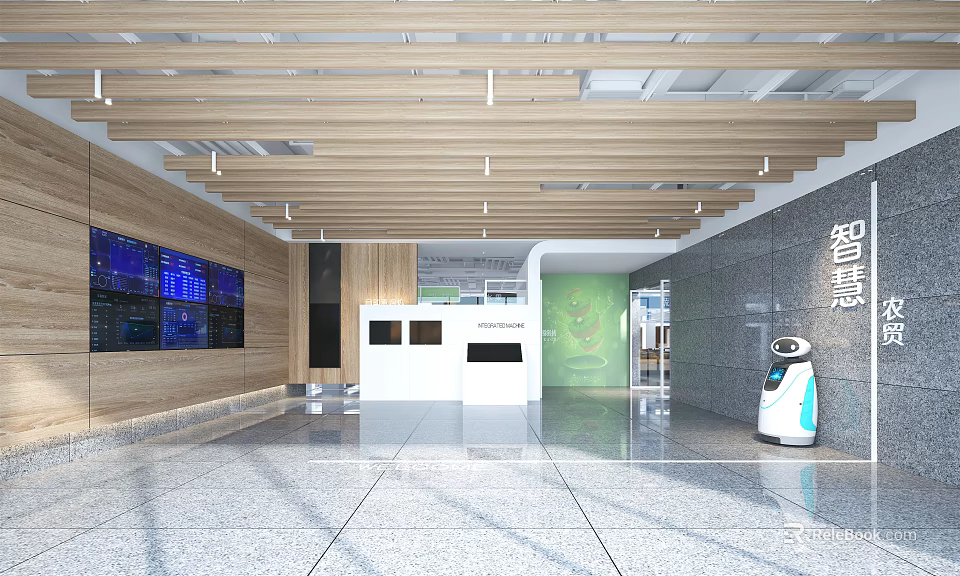 Modern Smart Store Front Desk With Wooden Ceiling Digital Screen Green Wall And Service Robot 3d model 