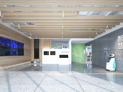 Modern Smart Store Front Desk With Wooden Ceiling Digital Screen Green Wall And Service Robot 3d model
