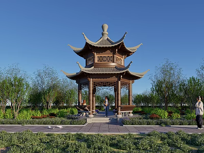 Traditional Chinese Pavilion With Multi Tiered Roof Surrounded By Trees And People 3d model