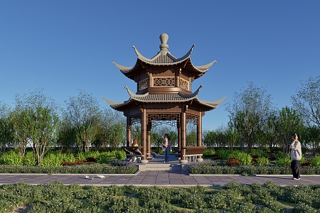 Chinese-style pavilion Hexagonal pavilion with heavy eaves 3d model